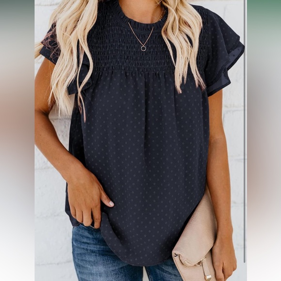 Dokotoo Womens Crewneck Lace Crochet Pom Pom Flowy Short Sleeve Casual Blouse - Picture 2 of 5